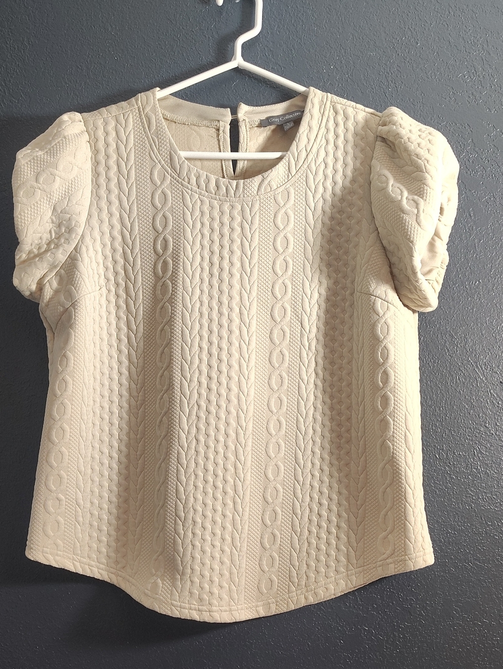 Grey Collective Cable Knit  Textured Puff-Sleeve Top Size Large